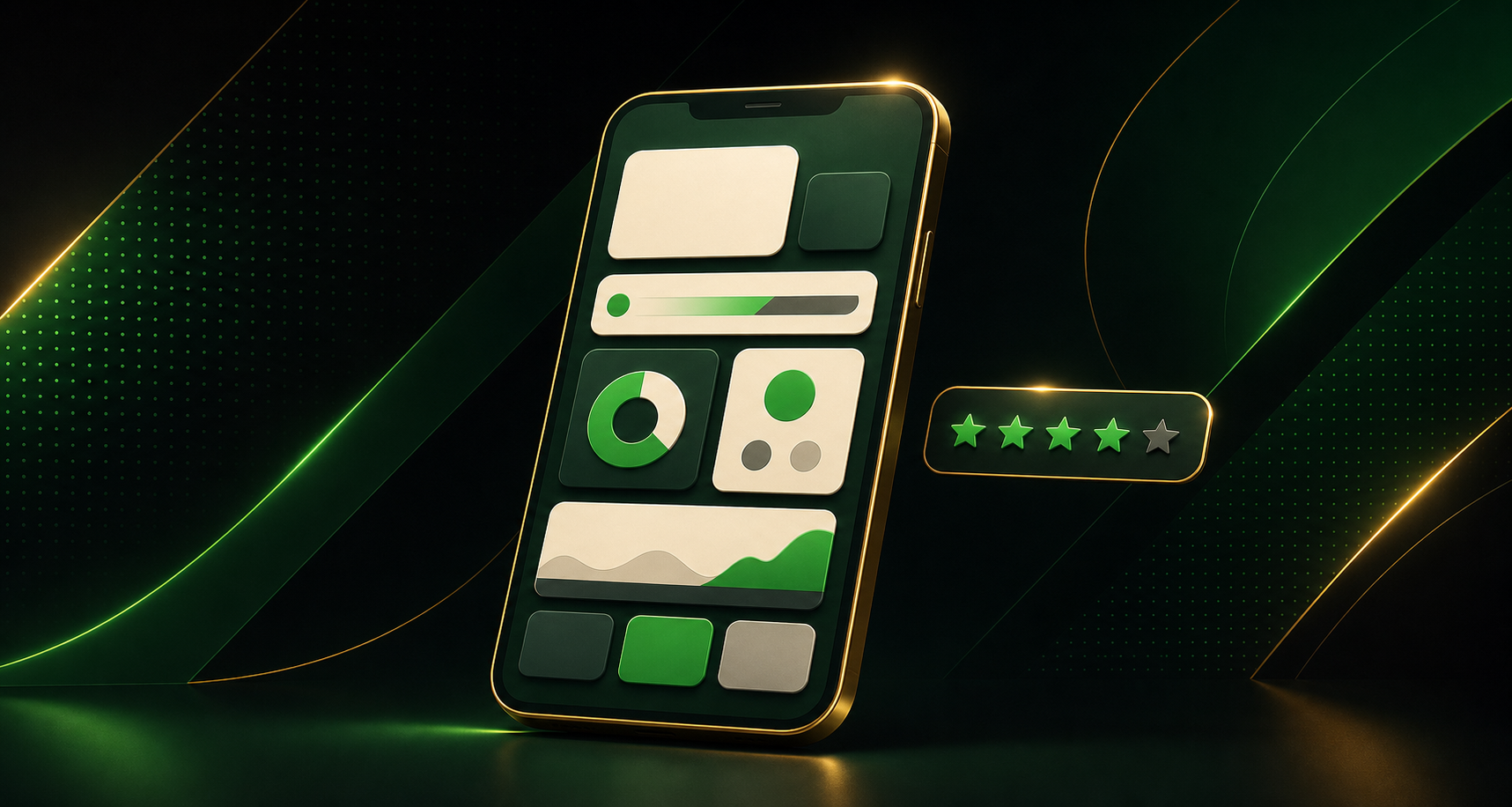 Wide hero for the betting-apps guide: abstract smartphone silhouette with neutral geometric UI tiles and a small star-rating bar beside it, deep navy background with bright green accents; flat vector, brand-free, no real app interfaces, no logos, no people.