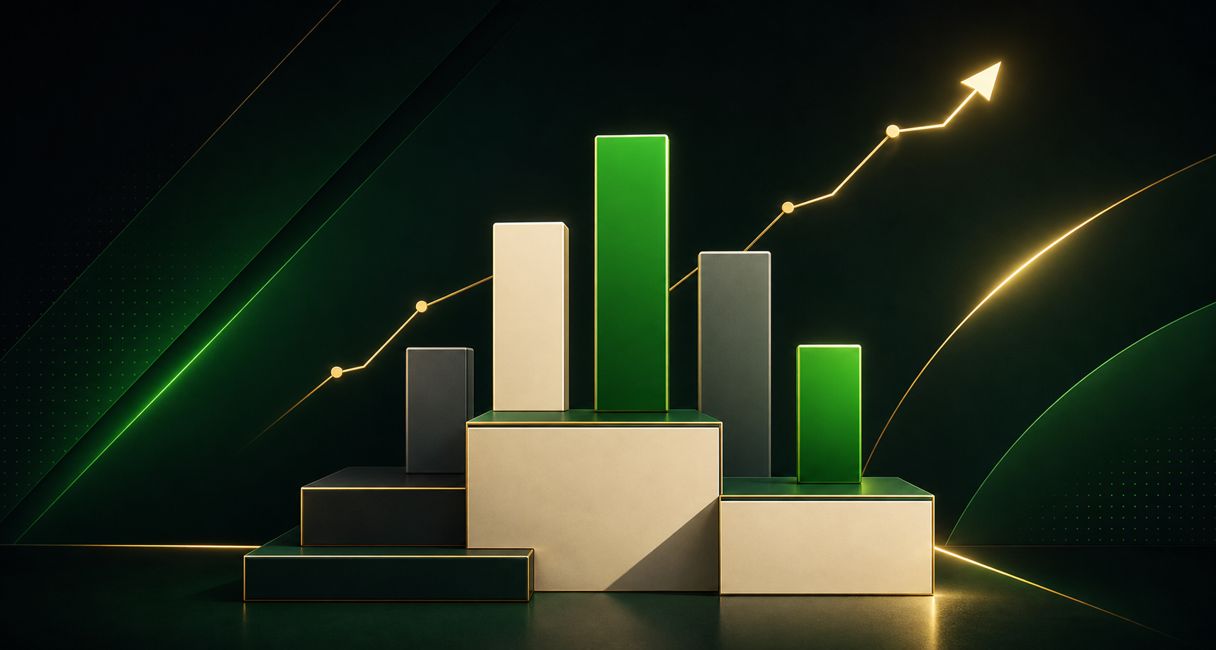 Wide hero for outright-winner odds pages: abstract geometric podium with comparative bar shapes of different heights and a subtle upward line chart, deep navy palette with green highlights; flat minimal vector, no trophies with brands, no money, no people.