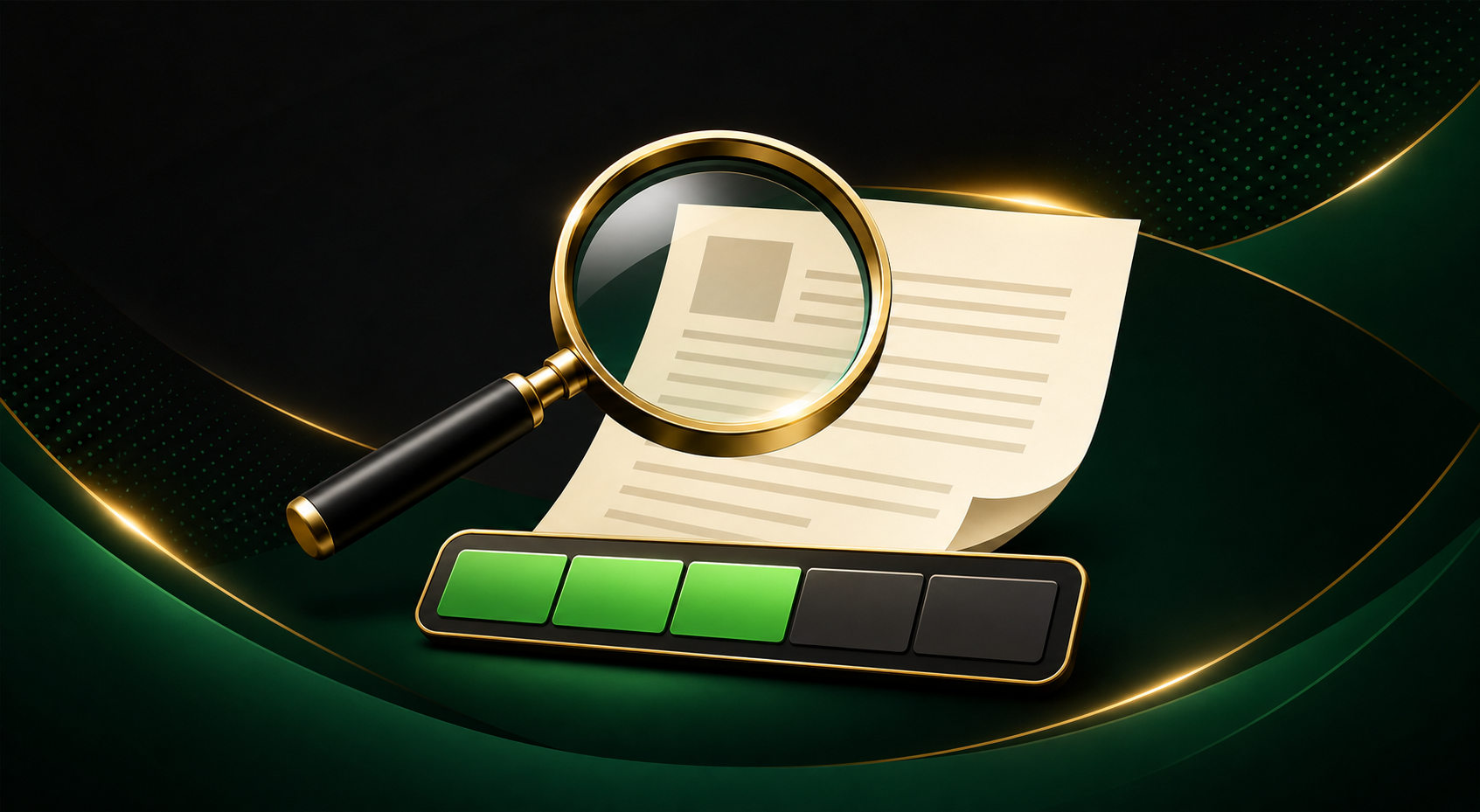 Wide editorial hero: abstract dark navy background with a stylized magnifying glass hovering over a neutral document and a five-segment rating bar partially filled, accented in bright green; flat vector style, no logos, no people, no money imagery.